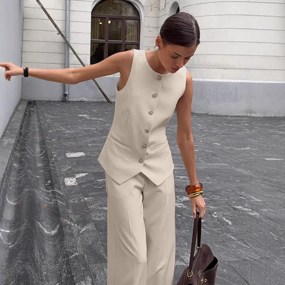 Conjunto de Chaleco Elegante Sin Mangas y Pantalones de Pierna Ancha para Mujer – 2 Piezas de Oficina