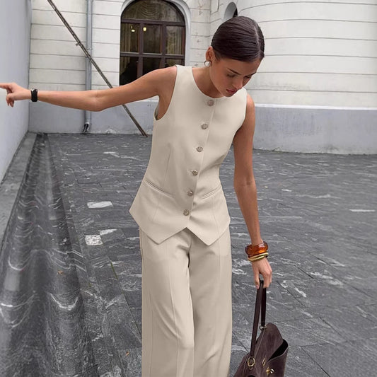 Women's Elegant Sleeveless Vest & Wide-Leg Pants Set – Office 2-Piece