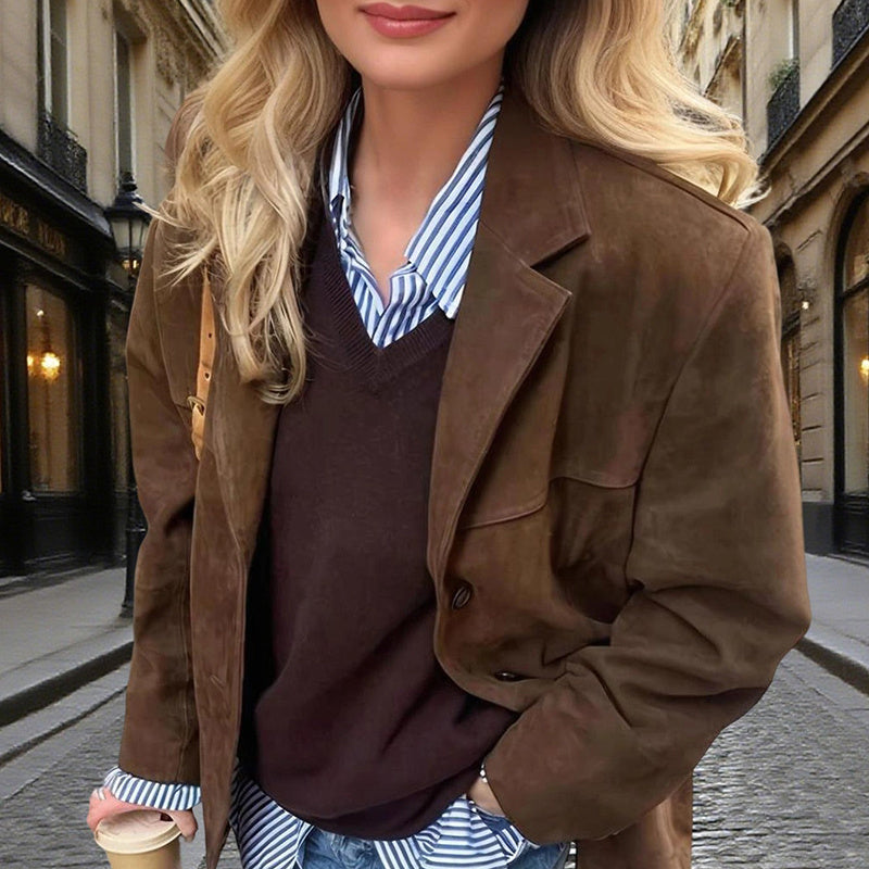 Chaqueta tipo blazer con apariencia de ante — Solapa con muesca en V, abrigo informal con botones delanteros