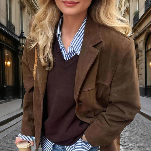 Suede-Look Blazer Jacket — V-Notch Lapel, Button-Front Casual Coat