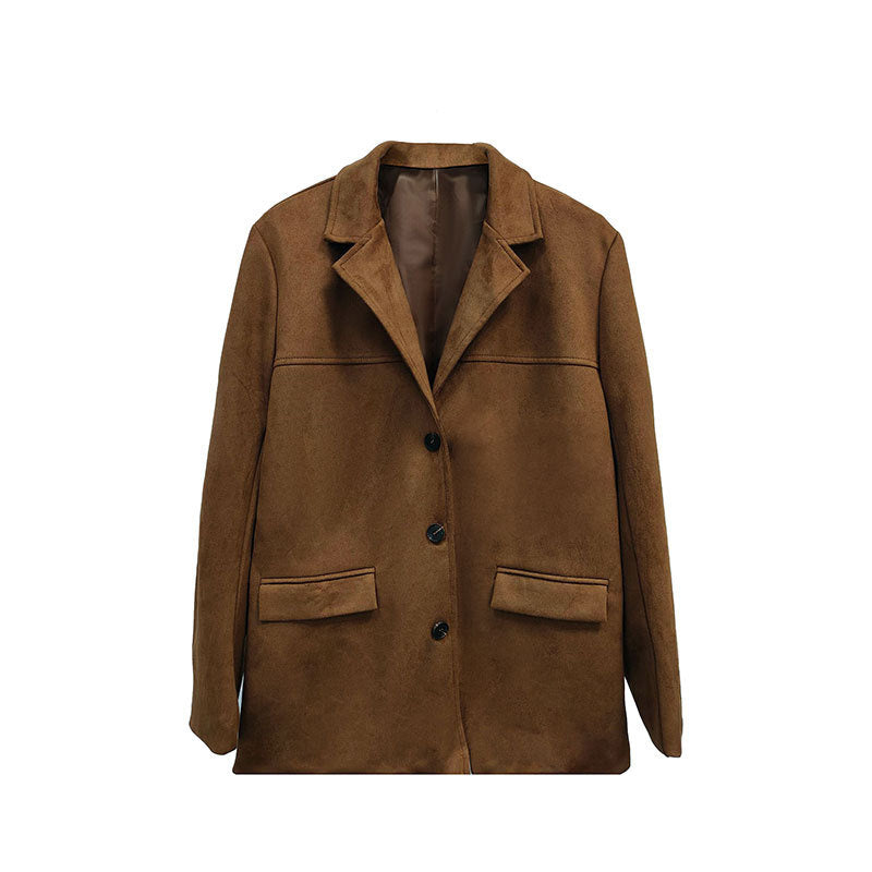 Chaqueta tipo blazer con apariencia de ante — Solapa con muesca en V, abrigo informal con botones delanteros