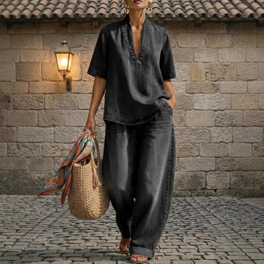 Retro V-Neck Washed Denim Top & Wide-Leg Pants Set – 3 Colors, S–3XL