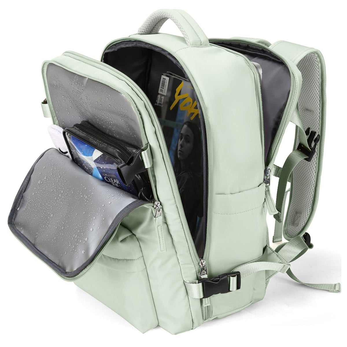 Light green waterproof backpack with multiple compartments, ideal for travel, school, or daily use