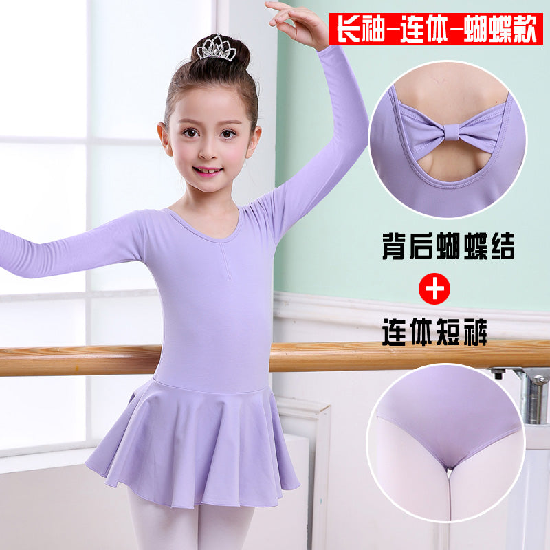 Purple long-sleeve ballet leotard with back bow and attached skirt for girls dance practice
