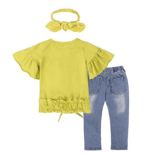 Kids in yellow ruffle tops, floral jeans, and sunglasses for trendy fashion looks