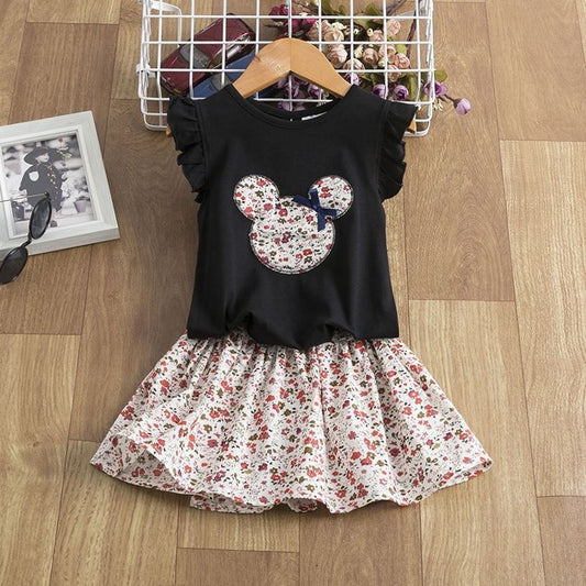 Pink floral kids dress with ruffle sleeves and Mickey Mouse print, perfect for summer fashion