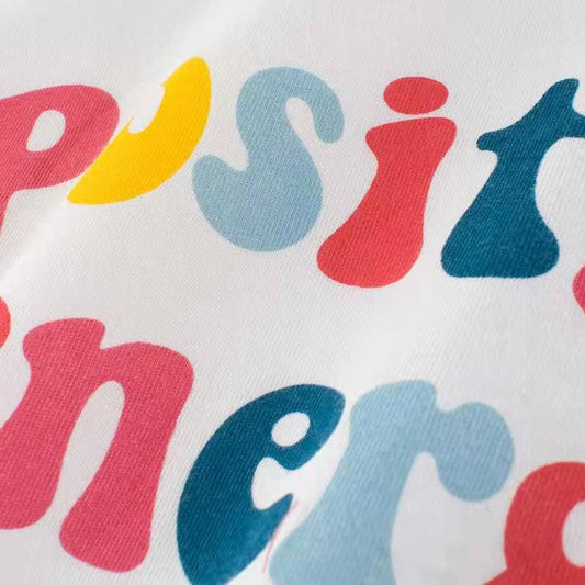 Children's alphabet pattern T-shirt by Ancient Energy featuring cartoon girls and short sleeves, perfect for kids' casual wear.