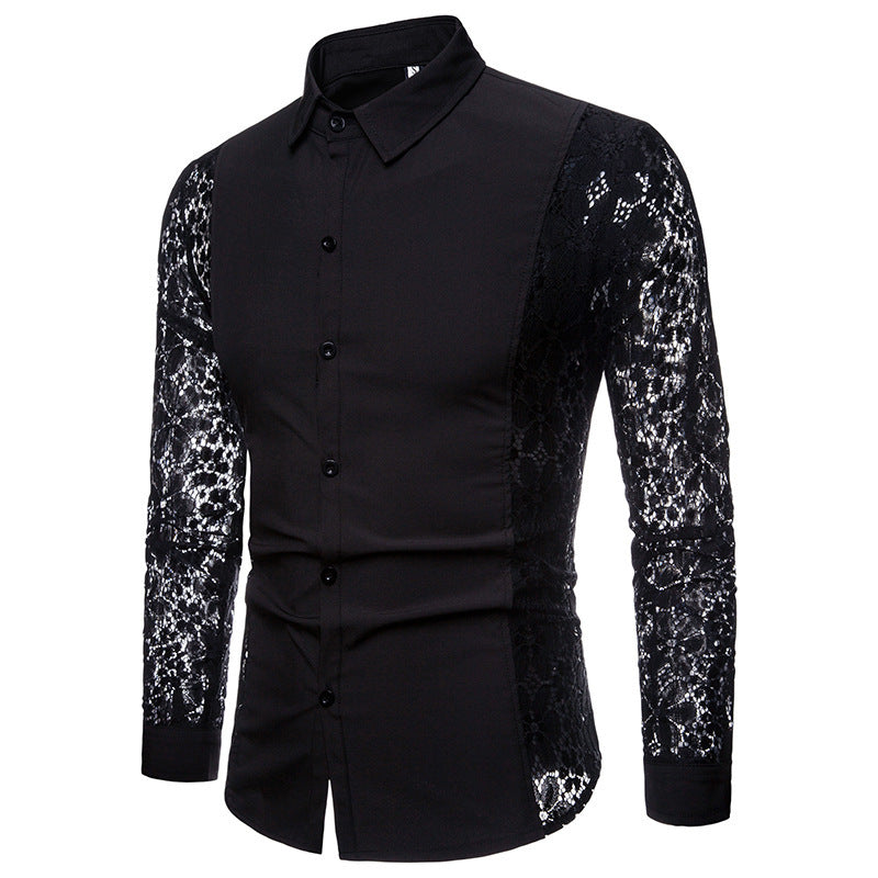 Camisa de hombre clásica negra con cuello de encaje
