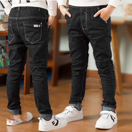 Children's boys' jeans with thick fleece lining from Ancient Energy, winter casual wear, featuring durable denim and cozy fleece interior.