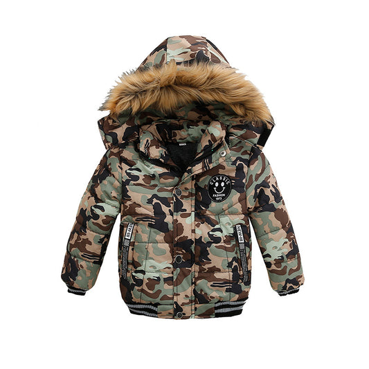 Navy blue kids winter coat with faux fur hood, puffer design, and smiley patch for warmth and style