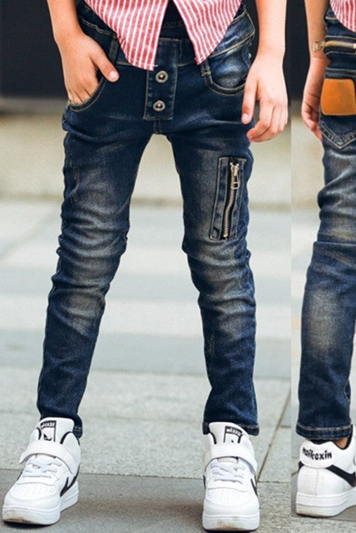 Boys stretch denim pants from Ancient Energy featuring a classic blue wash and comfortable fit.
