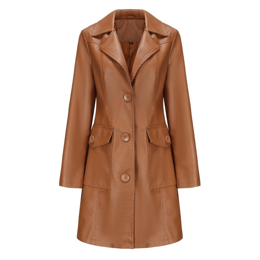 Women’s Long Leather Trench Coat – Fashion Outerwear