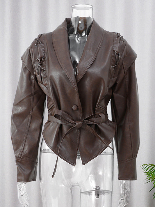 PU Leather Strap-Up Short Jacket – V-Neck Long Sleeve Streetwear