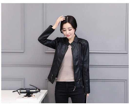 Korean-Style Slim Fit Motorcycle Leather Coat — Stand-Up Collar