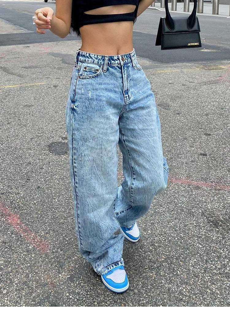 Slim-fit European and American fashion jeans for women by Ancient Energy, showing the stylish denim design and fit.