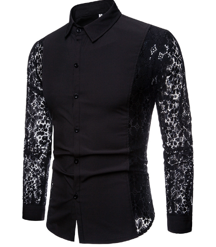 Camisa de hombre clásica negra con cuello de encaje