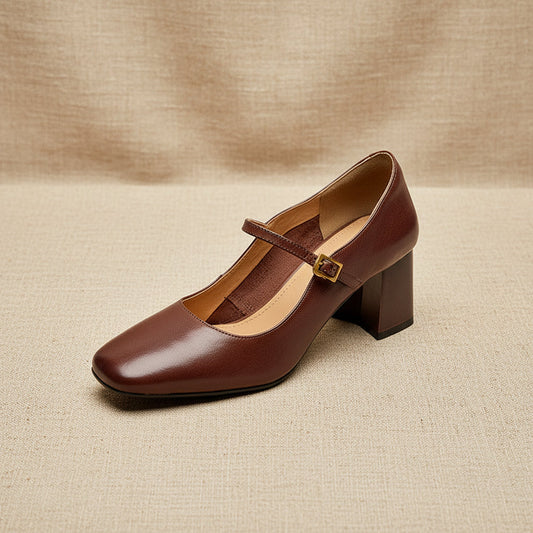 Women's Genuine Leather Mary Jane Block Heel Pumps