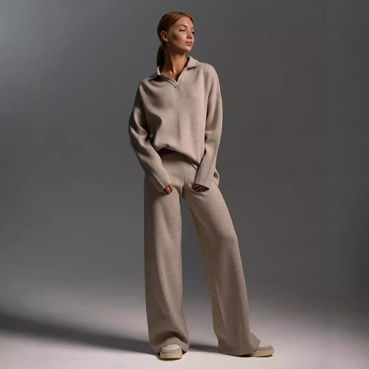 Women’s Fall Winter Two-Piece Set – Loose Collar Sweater Casual Outfit