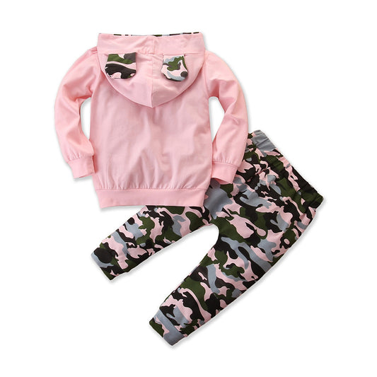 Girls camouflage hooded sweater and pants set by Ancient Energy, perfect for spring and autumn, featuring a cozy, stylish design.