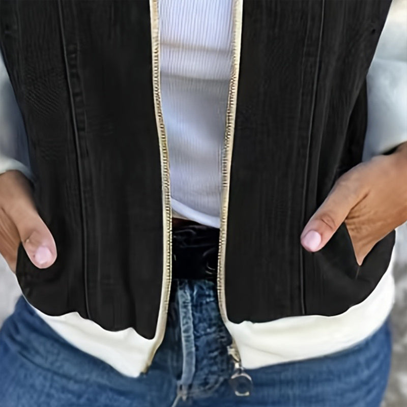 Chaqueta de mezclilla patchwork con cremallera para mujer