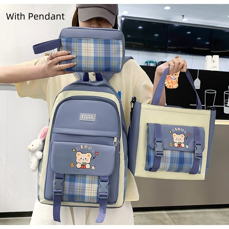 Ancient Energy high school plaid three-piece student backpack set with large capacity, featuring a school bag, pencil case, and matching accessories.