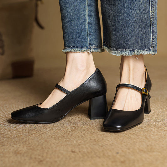 Women's Genuine Leather Mary Jane Block Heel Pumps