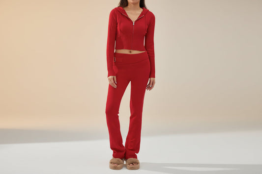 Women’s Knitted Hooded Two-Piece Set – Cardigan & High-Waisted Pants Suit
