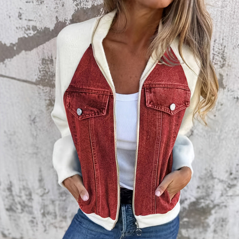 Chaqueta de mezclilla patchwork con cremallera para mujer
