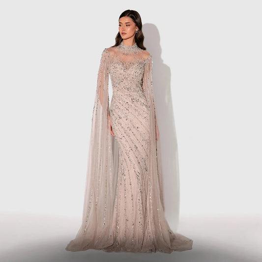 Eshaut&bridal Luxury Beaded Evening Dress Cape Sleeve Dubai Sheer Neck Mermaid Formal Prom Wedding Party Gown Customized 2026