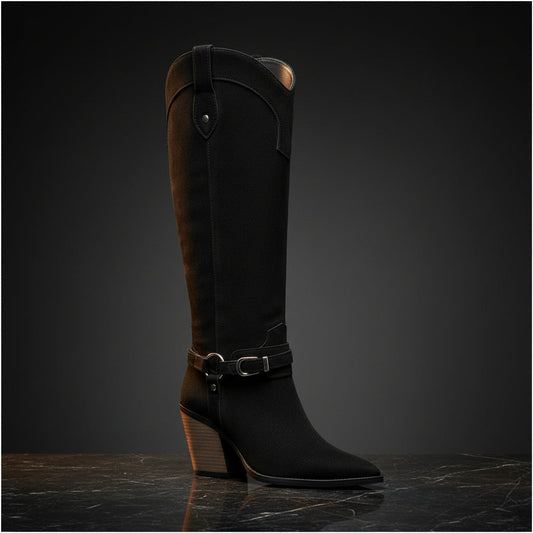 Women's Western Knee-High Boots | Pointed Toe Chunky Heel & Harness Buckle