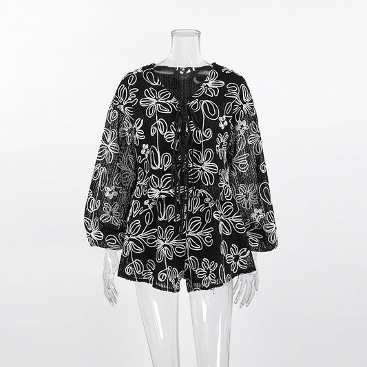 V-Neck Long Sleeve Lace-Up Top & Shorts Two-Piece Set