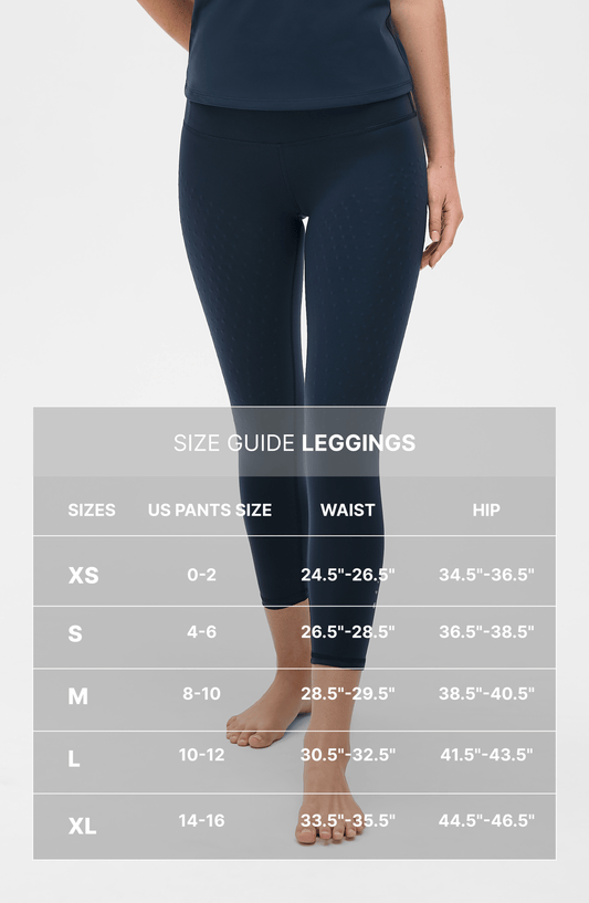 Size guide for women's dark blue patterned leggings with waist and hip measurements
