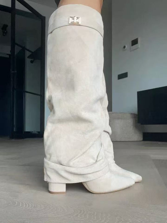 Women's Slouchy Pleated Mid-Calf Boots – Pointed Toe Chunky Heel Faux Suede