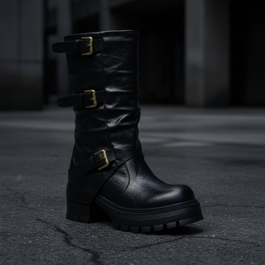 Women's Triple Buckle Moto Boots – Distressed PU Chunky Platform Block Heel