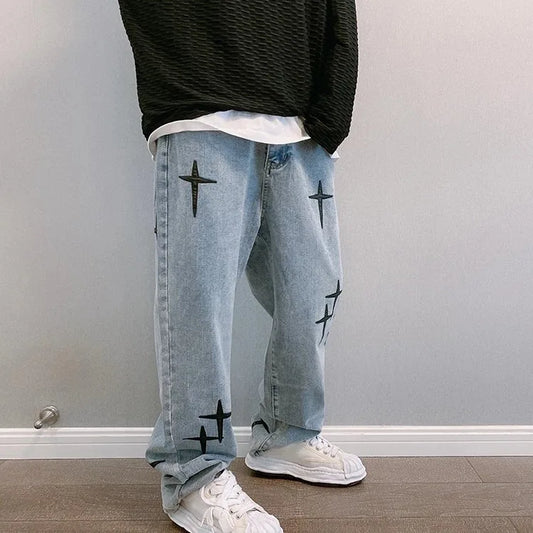 Boyfriend Vintage Fashion Straight Casual Loose Denim Cargo Pants Men Designer Prints Star Jeans Streetwear Loose Wide Leg Jeans