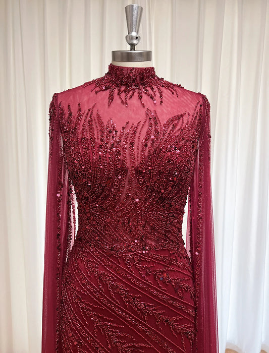 Eshaut&bridal Luxury Beaded Evening Dress Cape Sleeve Dubai Sheer Neck Mermaid Formal Prom Wedding Party Gown Customized 2026