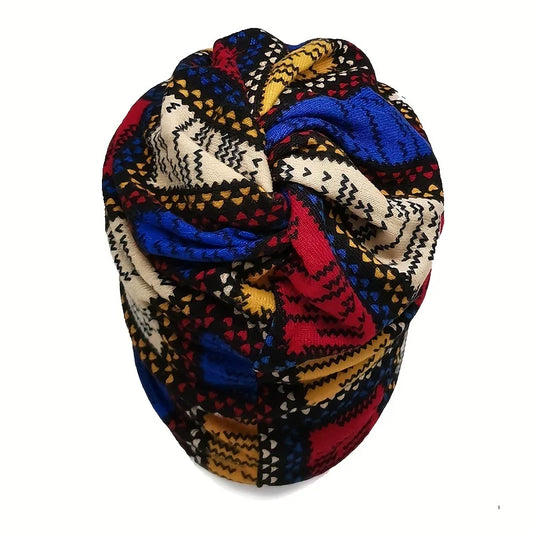 Autumn & Winter Vintage Printed Beanie - Classic Color Block Elastic Slouchy Skull Cap Boho Neck Gaiter Windproof for Women Men