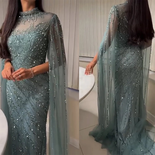Eshaut&bridal Luxury Beaded Evening Dress Cape Sleeve Dubai Sheer Neck Mermaid Formal Prom Wedding Party Gown Customized 2026