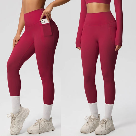 Pantalones Leggings de Mujer de Cintura Alta Elásticos para Yoga Mallas con Bolsillos Push Up Ropa Deportiva para Fitness Running Pantalones de Color Liso