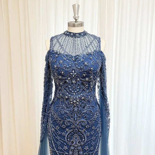 Eshaut&bridal Luxury Beaded Evening Dress Cape Sleeve Dubai Sheer Neck Mermaid Formal Prom Wedding Party Gown Customized 2026