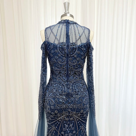 Eshaut&bridal Luxury Beaded Evening Dress Cape Sleeve Dubai Sheer Neck Mermaid Formal Prom Wedding Party Gown Customized 2026