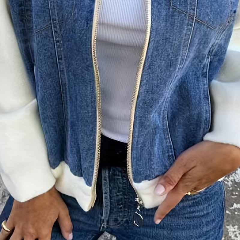 Chaqueta de mezclilla patchwork con cremallera para mujer