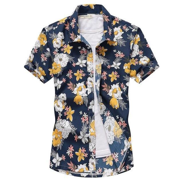 Short-sleeved Aloha shirt by Ancient Energy with vibrant tropical floral pattern, casual men's fashion chemise blouse.