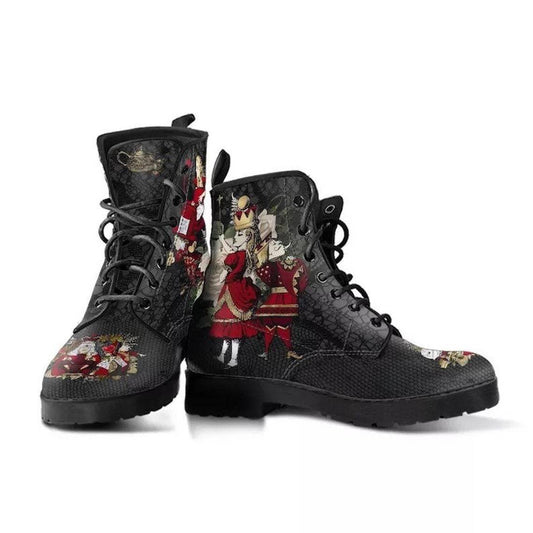 Ancient Energy Gothic print vegan leather combat boots with lace-up design and chunky soles, stylish and edgy footwear.