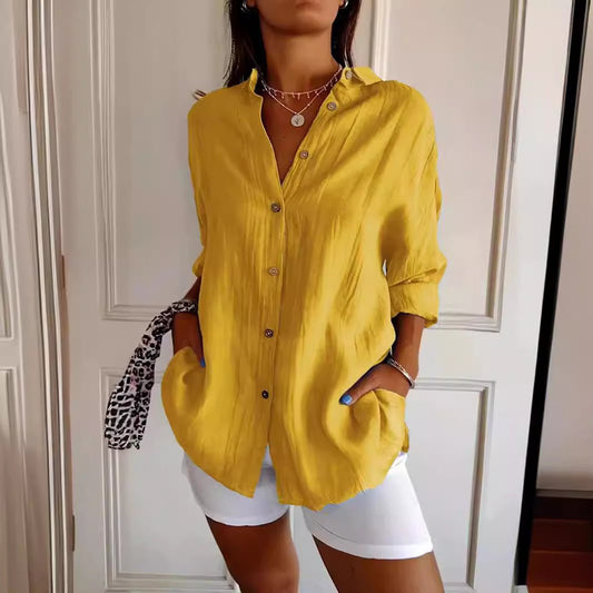 Ancient Energy women's lapel long sleeve shirt with single-breasted design and pleated front, stylish shirt top for casual or office wear.