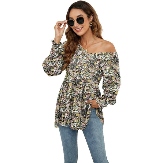 Ancient Energy women's long puff sleeve blouse with floral print, V-neck, casual babydoll style, perfect for everyday wear.