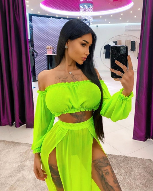 Ancient Energy long sleeve beach dress two-piece solid color, lightweight and comfortable for summer beachwear.