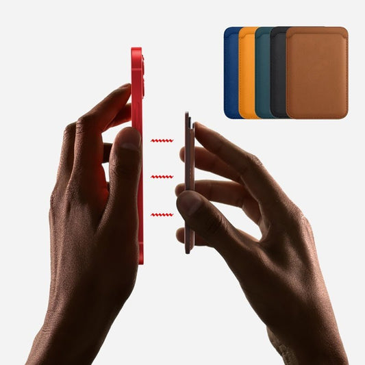 Luxury magnetic leather card holder wallet case for iPhone 14 Pro Max, 13, or 12 by Ancient Energy, featuring sleek design and card slots.