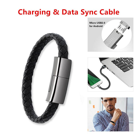 Ancient Energy bracelet-style USB charging cable for iPhone 14, 13 Max, with USB C and micro USB connectors on a white background.