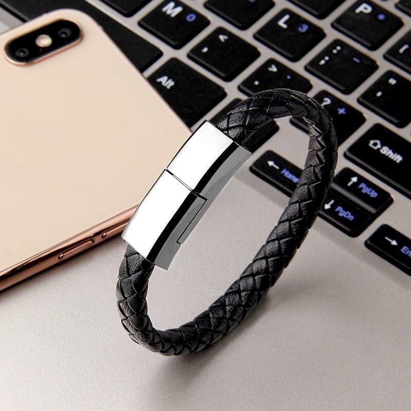 Ancient Energy bracelet-style USB charging cable for iPhone 14, 13 Max, with USB-C and Micro USB connectors.